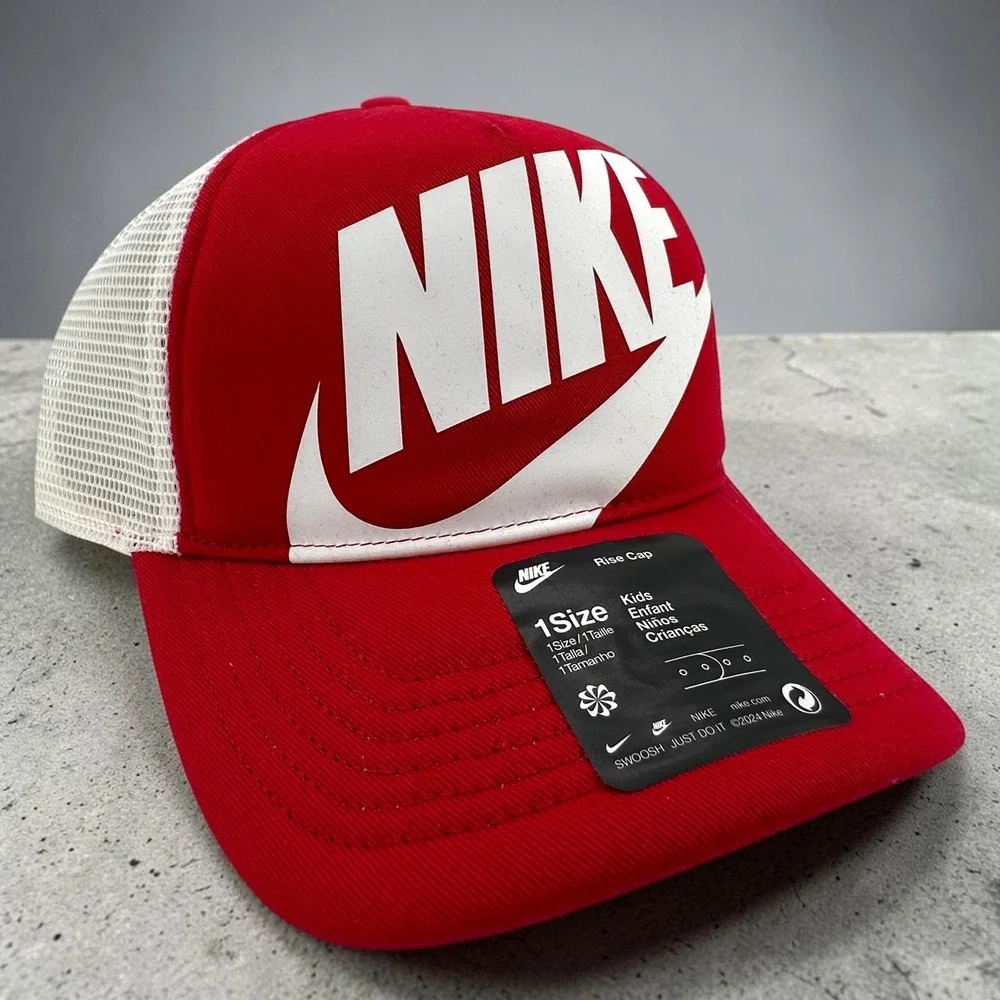 Nike Rise Trucker Cap Youth Kids One Size Snapback Red White Structured Hat NEW